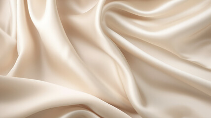 Beautiful background luxury cloth with drapery and wavy folds of ivory color creased smooth silk...