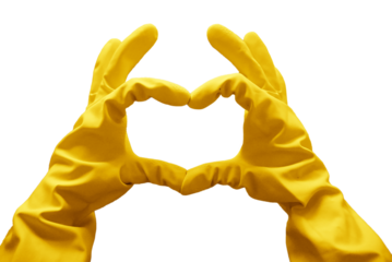 Heart-shaped hands in yellow cleaning gloves, love sign, transparent png