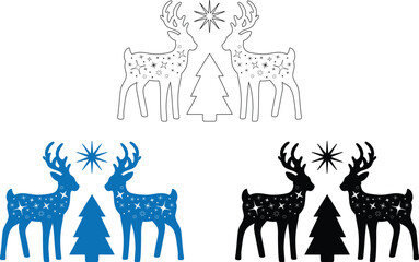 Winter Stars Reindeer Design - Outline, Silhouette & Color