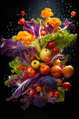 Obraz na płótnie Canvas vegetables mix in water splashes, on dark background, fresh and healthy food