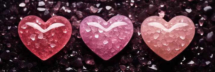 Obraz na płótnie Canvas 3 glass hearts with pink sea salts on dark stone background. Flat layout. Peach and red heart-shaped decorations. Spa salon concept, woman day, Valentine design, home decoration