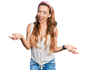 Young caucasian woman wearing casual style with sleeveless shirt smiling cheerful with open arms as friendly welcome, positive and confident greetings