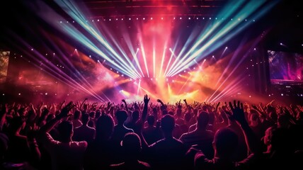 silhouette of concert crowd in front of bright stage lights. Dark background, smoke, concert spotlights - obrazy, fototapety, plakaty