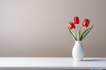 A Single Red Tulip in a White Vase on a Clean Desk.