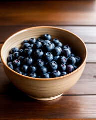 Closeup photo of blueberries in a ceramic Japanese bowl on a beautiful wooden table