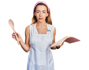 Young caucasian woman wearing professional baker apron reading cooking recipe book relaxed with serious expression on face. simple and natural looking at the camera.