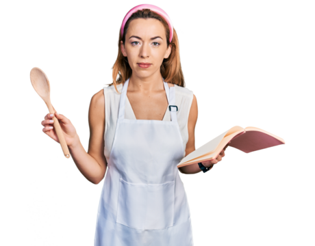 Young caucasian woman wearing professional baker apron reading cooking recipe book relaxed with serious expression on face. simple and natural looking at the camera.