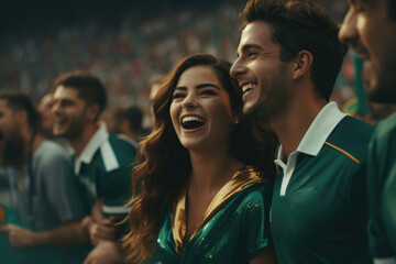 A passionate couple, male and female, fervently supporting their team on the field during a...