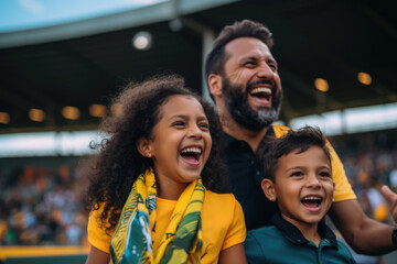 A family captured in a moment of sheer happiness and excitement, standing proudly in front of the stadium, wholeheartedly supporting their team during the match - obrazy, fototapety, plakaty