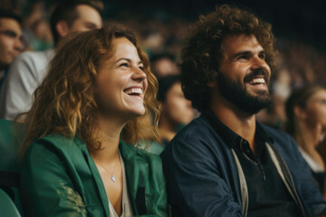 A devoted man and woman, football enthusiasts, actively engaged on the field during the match, their expressions mirroring the thrill and intensity of the game - obrazy, fototapety, plakaty