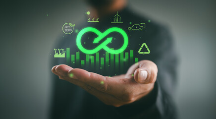 Green business Infinity icon on graph chart with environmental icon for circular economy to sustainable development growth business earning profit and environment reservation concept.