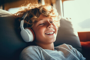 Zooming in on a contented boy, this close-up photo showcases him enjoying music on the sofa with headphones, portraying a scene of pure joy and comfort