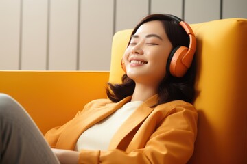 Zooming in on a contented Japanese woman, this close-up photo showcases her immersed in musical bliss on the sofa with headphones, depicting a scene of pure cultural enjoyment