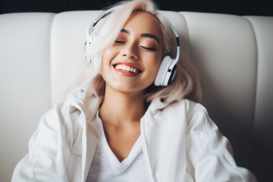 A detailed close-up of a cheerful Japanese woman with headphones on the sofa depicts a scene of relaxation, where music becomes the conduit for joy in a harmonious cultural space