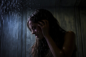 A young woman stands in a dimly lit shower, water droplets splashing onto her, capturing a moment of solitude and reflection