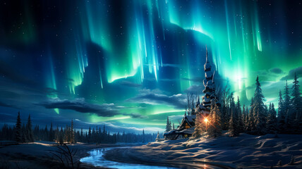 Magical night landscape with aurora, aurora over a winter snowy forest and a house in the forest, a trip to the north, observing magnetic storms