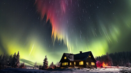 Aurora over a house in the forest, magical winter landscape with copy space, winter travel on...