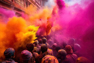 A vibrant celebration of the Holi festival. A multitude of people on the city streets engulfed in a colorful haze of powdered pigments - obrazy, fototapety, plakaty