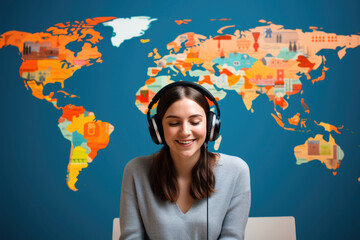 A young woman in headphones smiles, sitting against a world map backdrop. Exploring foreign...