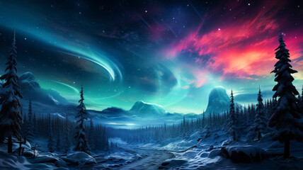 Winter road in the forest, aurora on a clear starry sky, strong magnetic storms, magical winter...