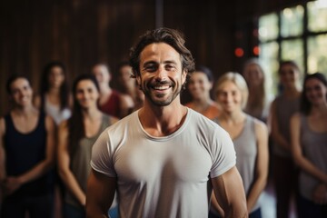 Smiling Guru's Lesson: A smiling male yoga guru imparts wisdom to students against a yoga studio backdrop
