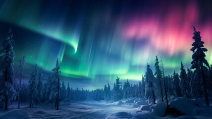 Aurora or aurora over northern snowy forest, magical winter landscape, New Year holidays in the Arctic Circle