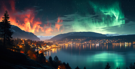 Aurora with a starry sky against the background of a fjord and a night city, a fantastic winter magical landscape, a trip to the north, observing magnetic storms