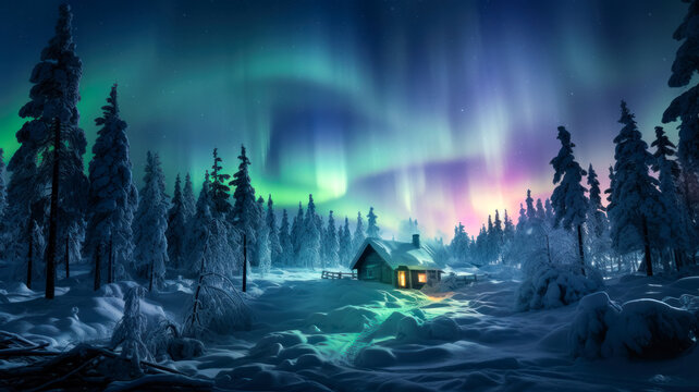 Polar lights, aurora over a winter forest and a hunting hut in the forest, a fantastic winter magical landscape, a trip to the north, observing magnetic storms