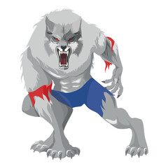 Vector illustration of an angry werewolf isolated on white background. Cartoon scene of an evil and scary werewolf wolf with red eyes, open mouth, claws, fur. Mythological creature.
