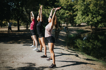 Active friends stretching in the park, enjoying the sunny day. Fit girls staying flexible and maintaining a healthy lifestyle through outdoor training.