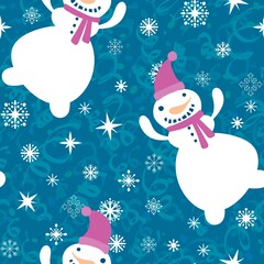 Cartoon winter ice seamless snowman and snowflakes pattern for Christmas packaging and new year