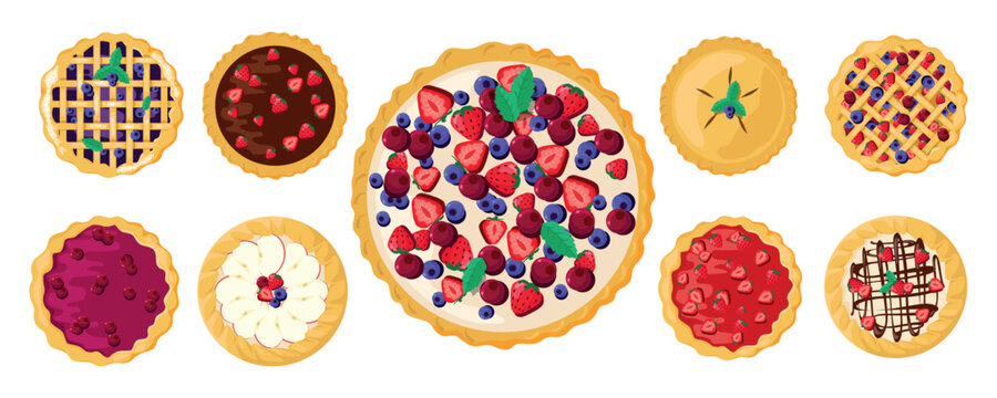 Set of delicious pies in cartoon style. Vector illustration of a top view of sweet pies with various berry and fruit fillings: blueberries, strawberries, cranberries, cherries with chocolate glaze.