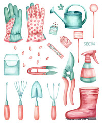 A set of watercolor elements for a gardener, gardener. Clipart illustration. Garden tools, shovel,...