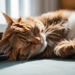 lovely ginger cat sleeping on the bed at home