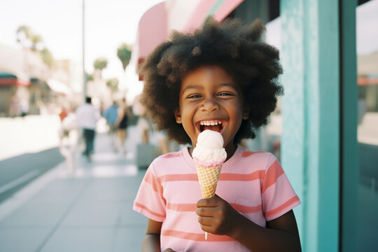 African American boy eating strawberry ice cream on the street wearing a striped pink t-shirt. Generative AI