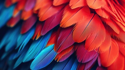 Closeup of a colorful parrot. Parrot feathers, red and blue exotic texture