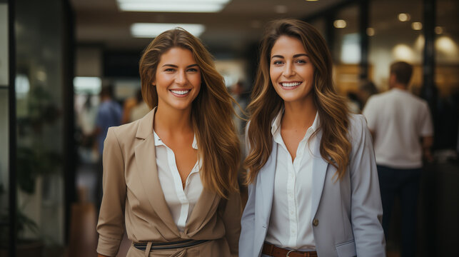 Due donne manager camminano parlando nel corridoio dell'azienda vicino agli uffici