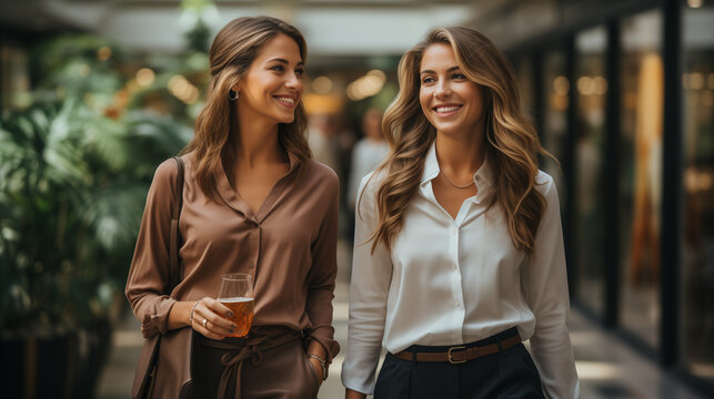 Due donne manager camminano parlando nel corridoio dell'azienda vicino agli uffici