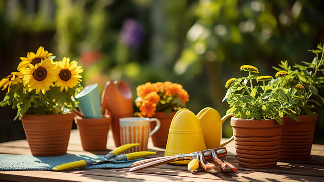 Gardening tools for plants and flowers outdoor in spring 