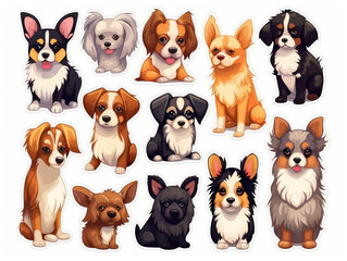 Stickers of small dog breeds including Chihuahua, French Bulldog, Cavalier King Charles Spaniel, Welsh Corgi, and Papillon.