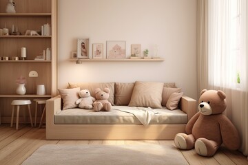 Cozy children's room with a Teddy bear lying on a comfortable sofa