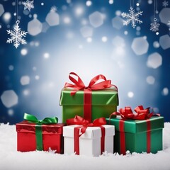 Obraz premium Christmas Gifts box on a snowy background, A bokeh background effect.