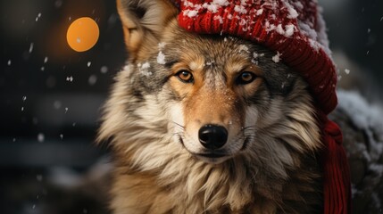 Cute wolf coyote red santa hat background snow postcard fluffy animals gift red winter photo
