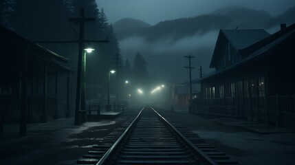 A film-still of a train station platform in a coastal town in the wilderness of Alaska at midnight - obrazy, fototapety, plakaty