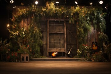 A rustic-themed stage adorned with wooden elements, wildflowers, and warm lighting, evoking a charming countryside vibe.