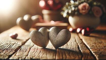 Couple Of Hearts In Love On Vintage Wooden Table - Valentines Day