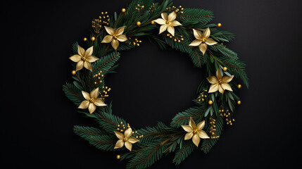 Top view of festive Christmas wreath with Gold Flowers on black background