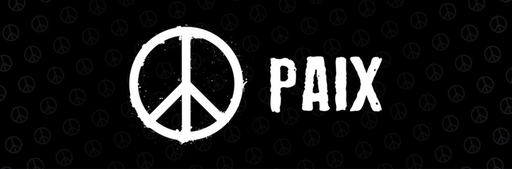 Bannière pour la Paix - Fond noir, symbole de la paix - Illustration vectorielle sur fond noir - Icône, logo pacifique - Pour lutter contre la guerre et pour l'union entre les peuples - Texte éditable