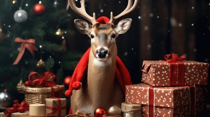 Cute deer red santa hat background snow postcard fluffy animals gift red winter photo