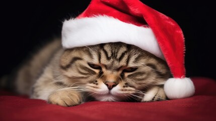 Adorable fluffy cat Santa hat sitting Christmas present box lights photo new year poster